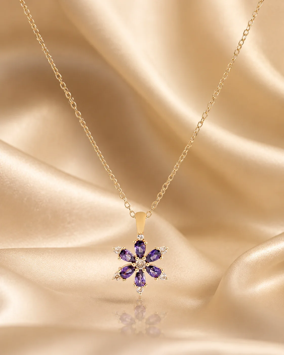 Gold Mor Taşlı Lotus Çiçeği Çelik Kolye