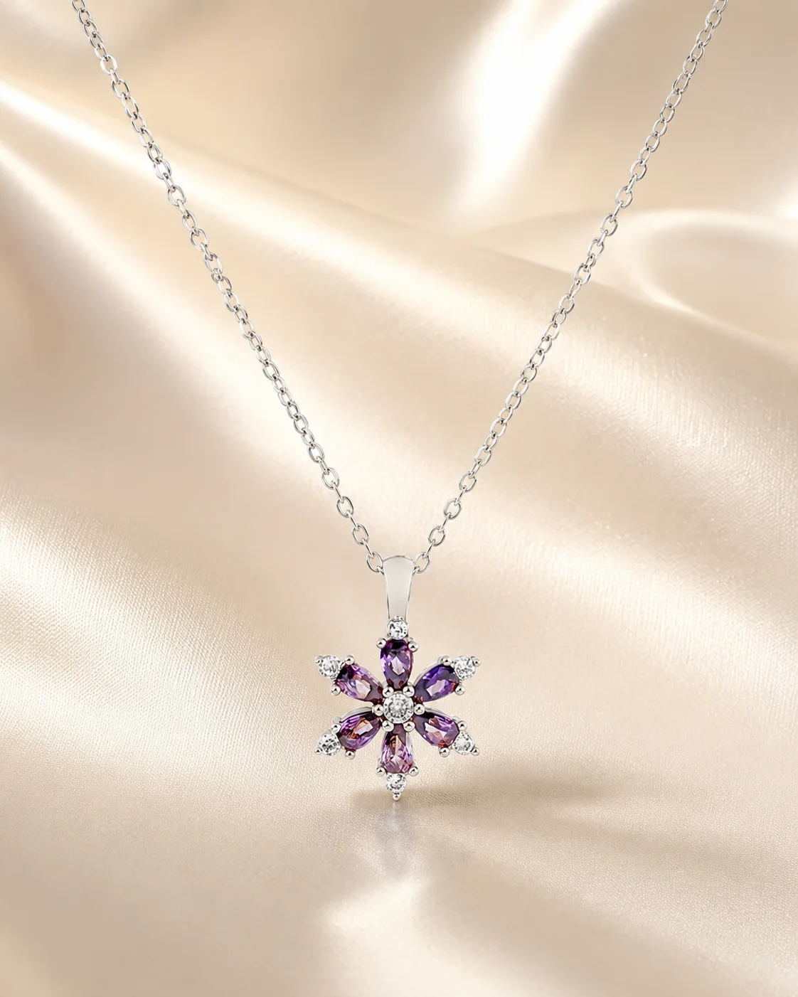 Silver Mor Taşlı Lotus Çiçeği Çelik Kolye
