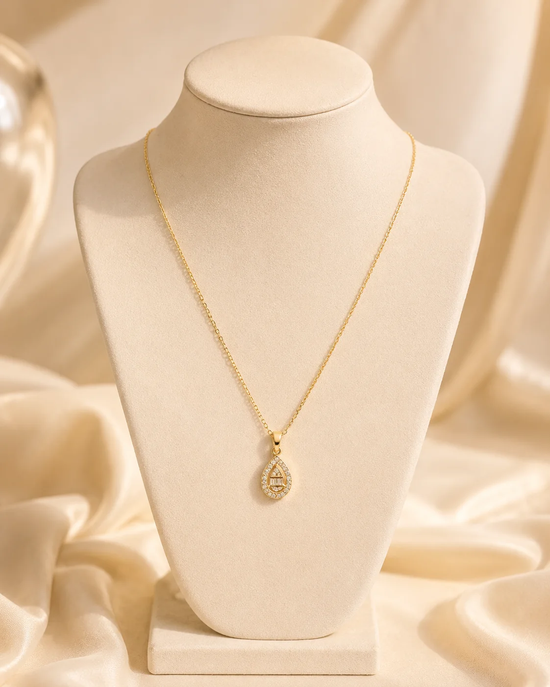 Baget Taşlı Damla Kolye Gold