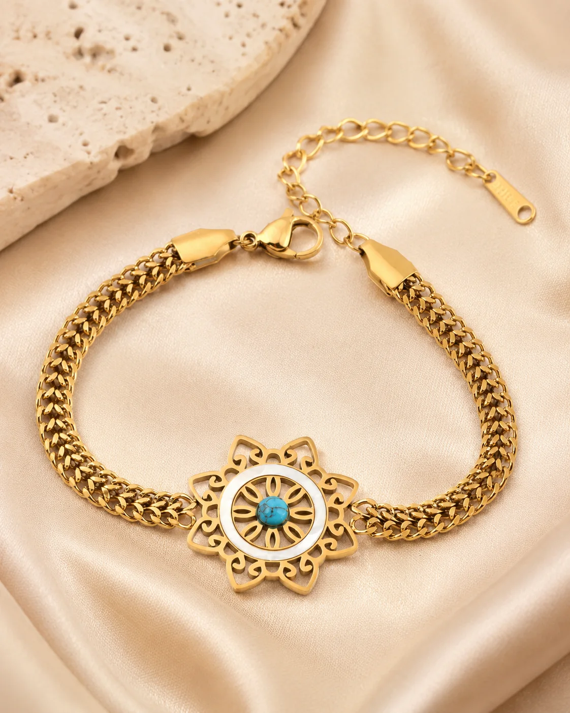 Çelik Turkuaz Taşlı Mandala Bileklik Gold