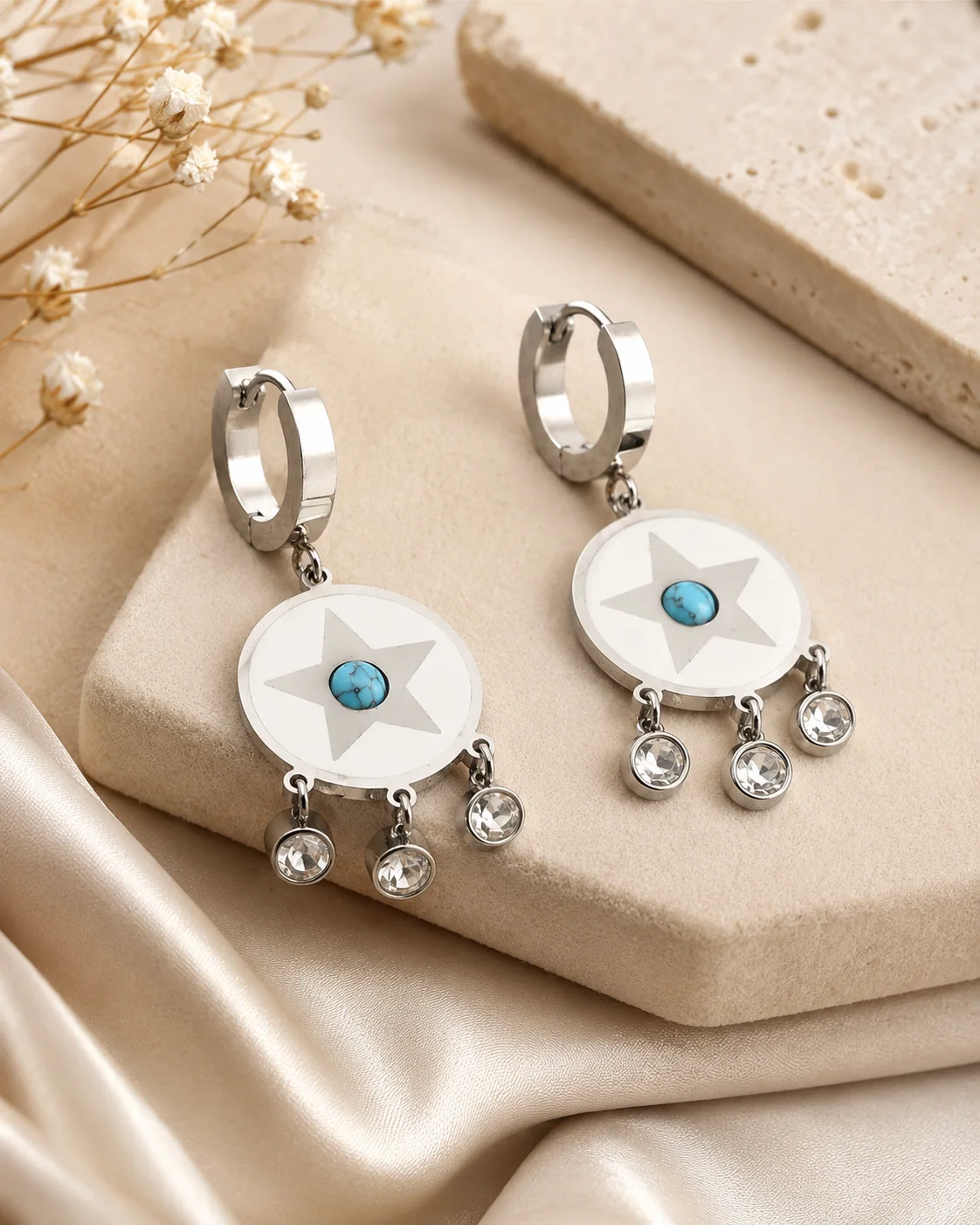 Çelik Turkuaz Taşlı Yıldız Küpe Silver